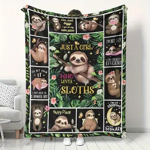 Glam Style Flannel Quilted Throw Blanket with Geometric Sloth Pattern - All Seasons Polyester Knitted Digital Print Coverlet for Napping - Occasion Themed with Special Functions - 200-250g