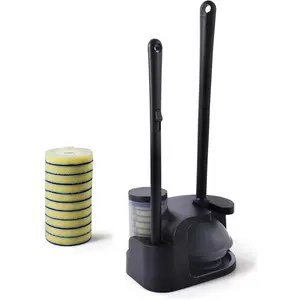 Disposable Toilet Brush and Plunger Combo, Wand Set with 10 count Refill Heads and Storage , Compact Toilet Cleaning System (Black)