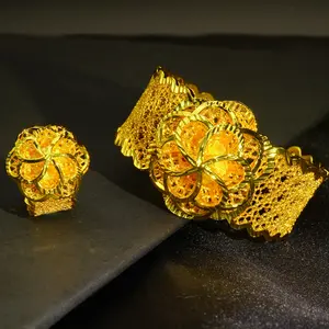 24k Gold Plated Women's Open Bracelet Ring Set Dubai Flower High-end Feel