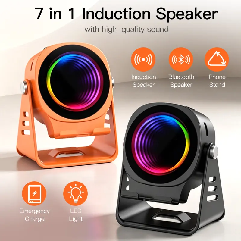 ULMIED Wireless Induction Speaker Stand, 7 in 1 Phone Holder with 1500mAh Rechargeable Battery, 360° Adjustable Cell Phone Stand, 3D Infinity Mirror Light Effect Desktop Dock for iPhone Android Gifts