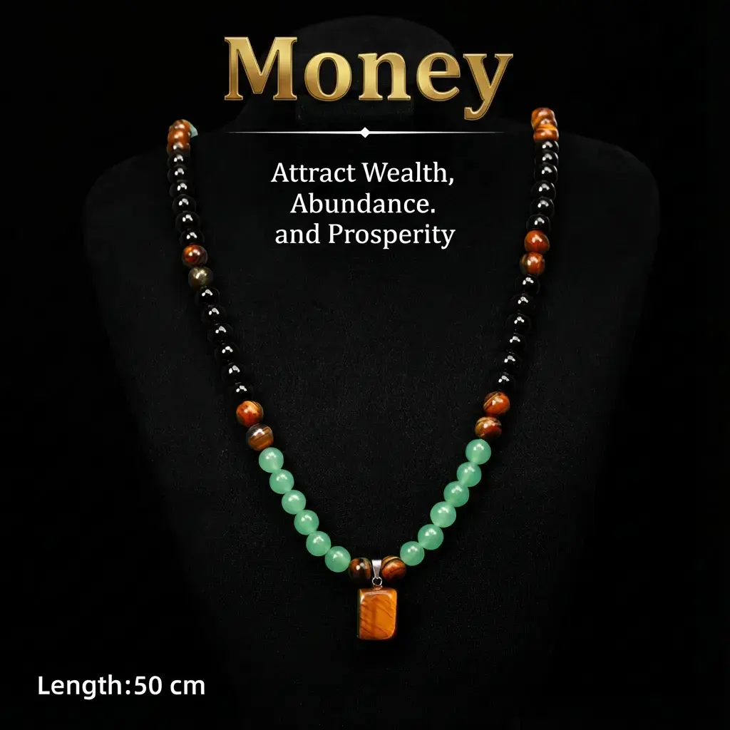 Money Attraction Necklace With GreenAventurine & Tiger Eye Pendant Healing Crystal Stone ,Anniversary, Vacation &Theme Parties Jewelry Charms Abundance Crystal bracelet,Long Chain,Sweater chain,Ideal Gift Jewelry for Men and Women, Natural Stone Pendant,