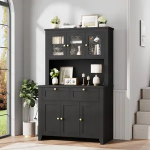 66" Tall Kitchen Pantry Cabinet with LED Lights + Charging Station (2 AC + 2 USB), Coffee Bar Hutch with Countertop, 2 Drawers + Adjustable Shelves, 90 lb Top, Black / Black + Brown/White