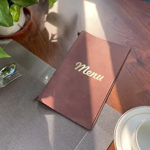 A5 Genuine Leather Gold Foil Logo Menu Holder, Restaurant Use with Elastic Band, Durable and Stylish Menu Cover
