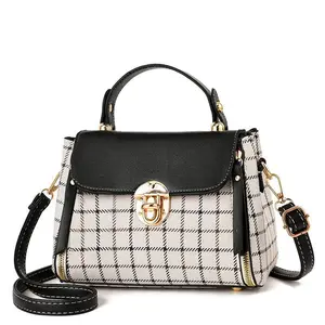 New Commuting Versatile Mini Compact Women's Bag, High-Quality PU Leather Splicing, Black and White Checkered Single Shoulder Crossbody Bag, with Gold Toned Hardware