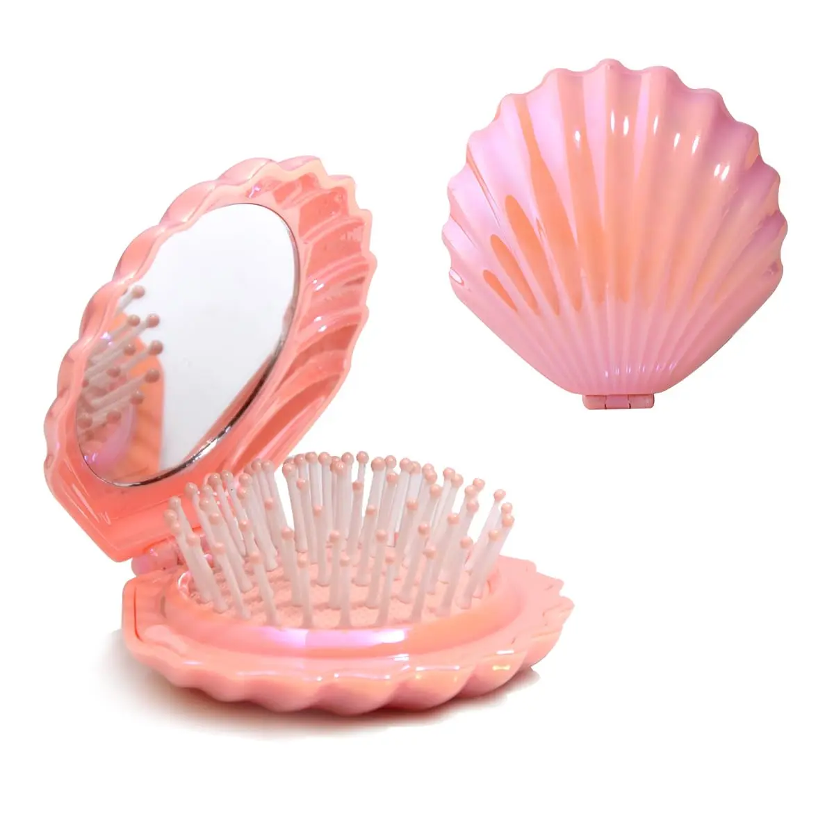 Metallic Shinning Finish Foldable Travel Hair Brushes with Mirror Shell Shape Portable Folding Pocket Hair Brush Mini Hair Comb Compact Size Hair Massage Comb (Pink)