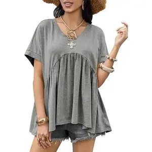 Cicy Bell Womens Summer Peplum Tops Oversized Babydoll Short Sleeve V Neck T Shirts Casual Loose Pleated Swing BlouseRAIMENTRY