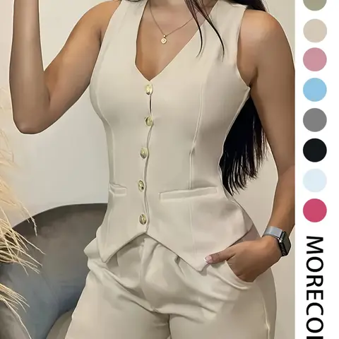 Women's Solid Color Fitted Suit Vest & Shorts, Casual Minimalist Sleeveless Top & Shorts for Daily Wear, Ladies Clothes for All Seasons, Office Siren Outfits, Summer Outfit, Chic, Sleeveless Vest Set, Co Ord Set, Womenswear, Fashion Clothing Set