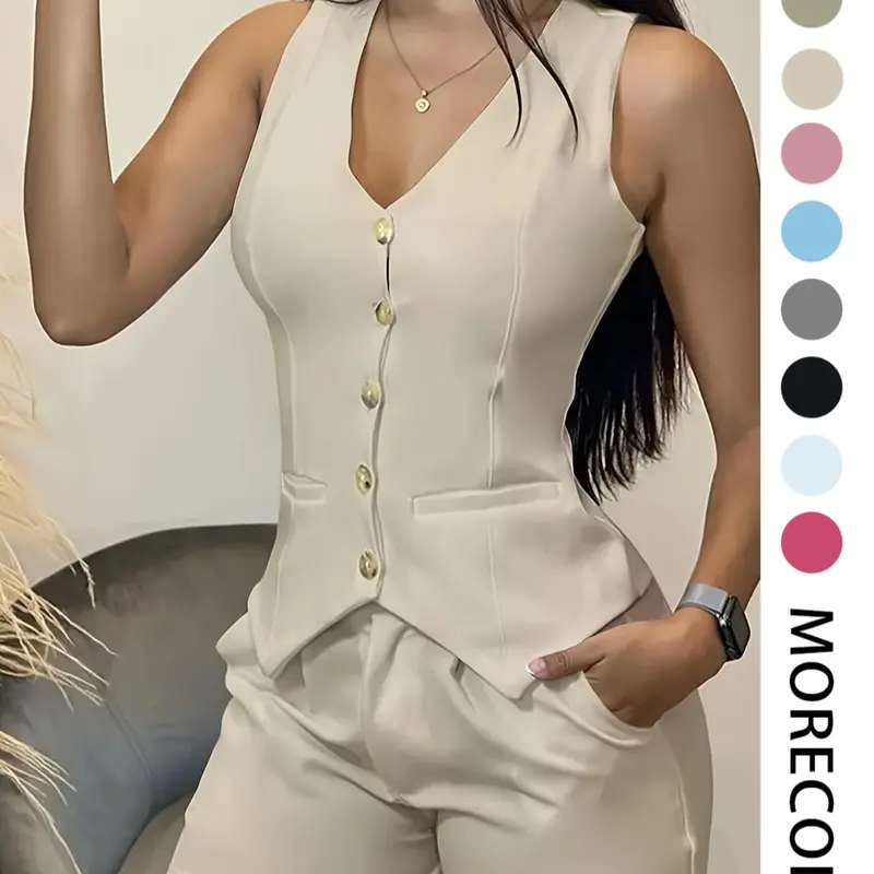 Women's Solid Color Fitted Suit Vest & Shorts, Casual Minimalist Sleeveless Top & Shorts for Daily Wear, Ladies Clothes for All Seasons, Office Siren Outfits, Summer Outfit, Chic, Sleeveless Vest Set, Co Ord Set, Womenswear, Fashion Clothing Set