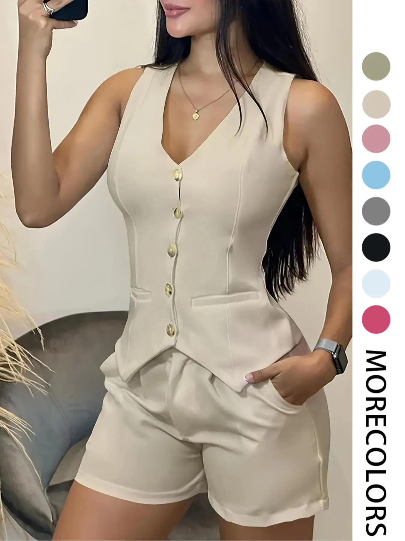 Women's Solid Color Tank Top & Shorts, Casual Sleeveless Top & Shorts for Daily Wear, Ladies Clothes for All Seasons, Office Siren Outfits, Cute Summe