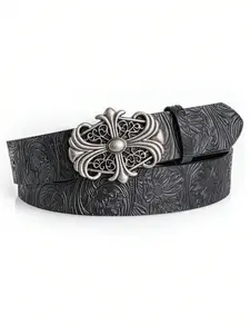 1pc Men's Retro Belt Bohemian Style-Chic Black Faux Leather Belt with Vintage Hollow Buckle - Fashion Personalized Belt For Men Women Punk Rock Y2K Style - Versatile For Jeans, Dresses & Casual Wear & Party Fashion Vintage Belts