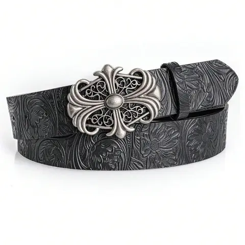 1pc Men's Retro Belt Bohemian Style-Chic Black Faux Leather Belt with Vintage Hollow Buckle - Fashion Personalized Belt For Men Women Punk Rock Y2K Style - Versatile For Jeans, Dresses & Casual Wear & Party Fashion Vintage Belts
