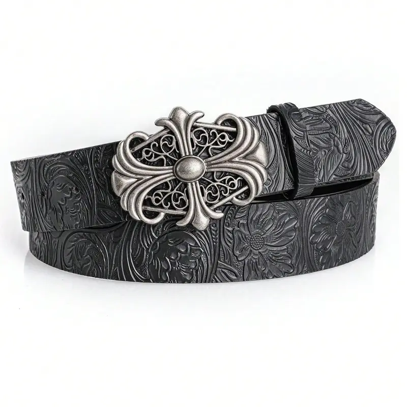 1pc Men's Retro Belt Bohemian Style-Chic Black Faux Leather Belt with Vintage Hollow Buckle - Fashion Personalized Belt For Men Women Punk Rock Y2K Style - Versatile For Jeans, Dresses & Casual Wear & Party Fashion Vintage Belts