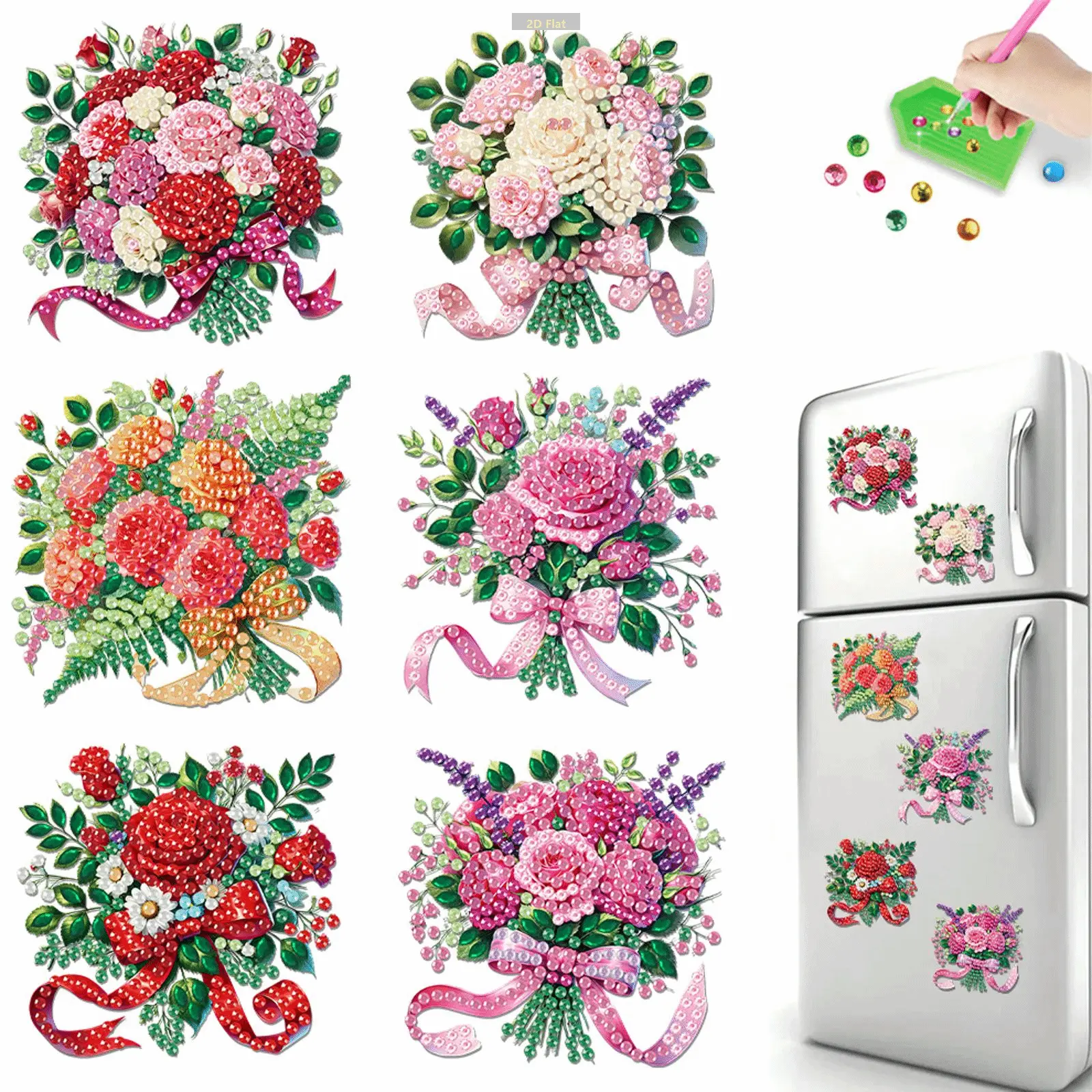 6Pcs 2D Flat Acrylic Magnetic Animal Diamond Kit - Cute Patterns (5-8cm per pattern), 1x Tool Kit with Stickers, Storage Box, Magnets, All Ages Friendly DIY Needlework Craft for Friends Gift, Kitchen