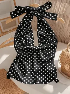 Women's Deep V Neck Polka Dot Crop Top, Womenswear, Sleeveless, Classic Print, Fitted Style, Elastic Breathable Fabric, Perfect for Summer Vacation