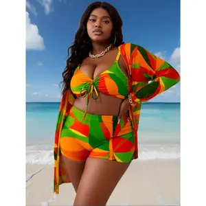 Large size 3-piece  contrasting geometric pattern swimsuit set, slightly overweight  flesh blocking sunscreen cover, flat corner pants split swimsuit, beach vacation set one women's
