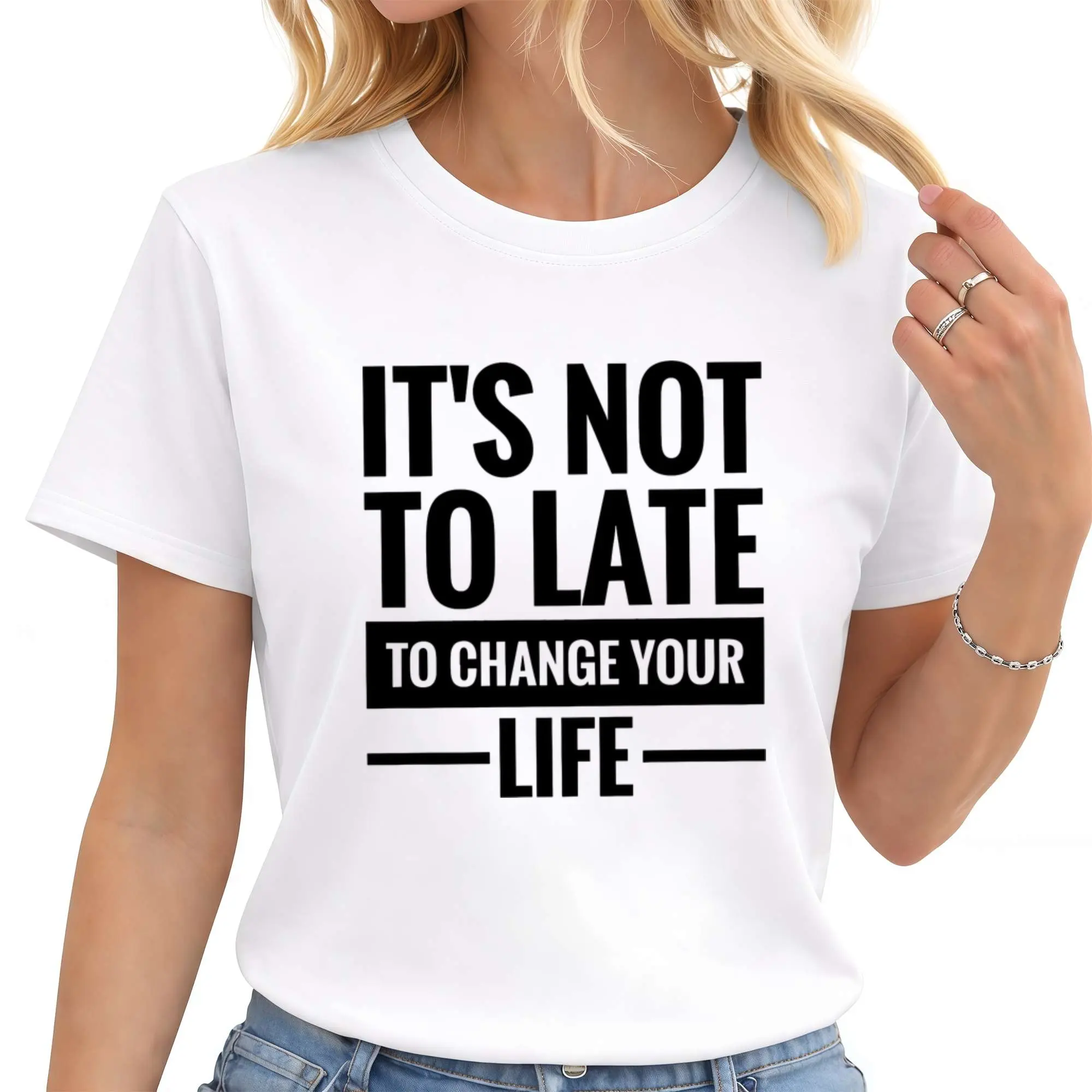 Sports and Leisure Tshirt, IT's NOT TOO LATE to CHANGE YOUR LIFE, Inspirational Quotewomen's Retro Cartoon Pattern Short Sleeve, Spring and Summer Leisurevacation Outdoor Tshirt, Local Warehouse, Casual and Elegant