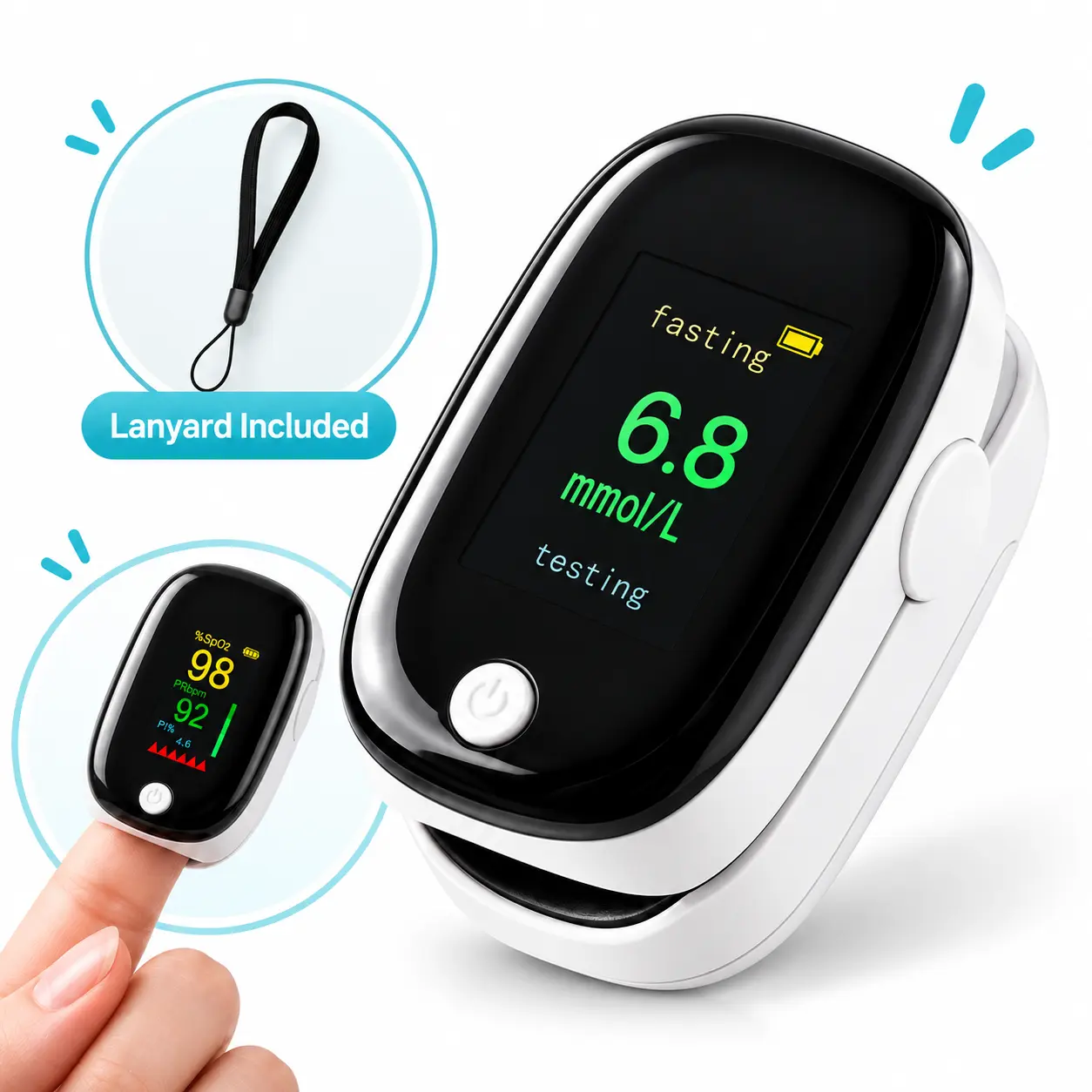Portable Fingertip Wellness Monitor, 1-Button Operation, HD Color Screen, SpO2 Blood Oxygen, Pulse Rate, PI & Glucose Display for Home & Travel