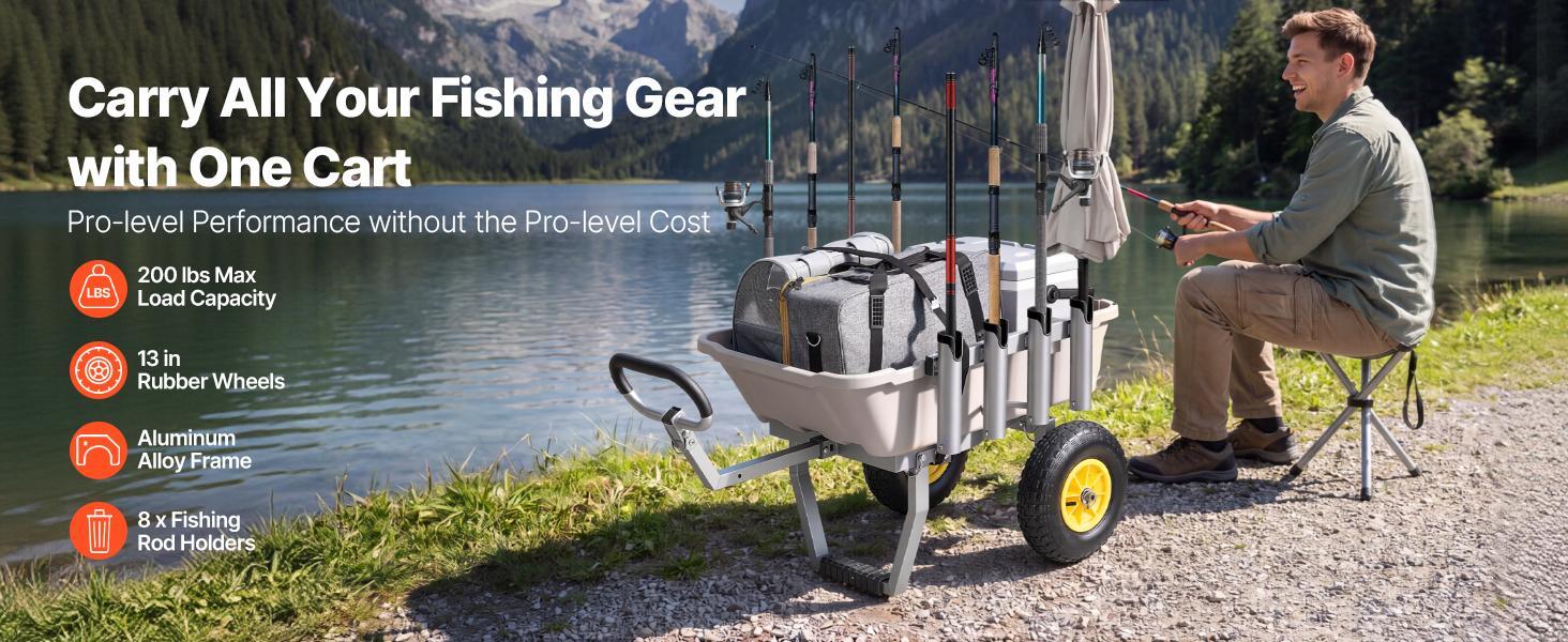 【FathersDayGift】VEVOR Beach Fishing Cart, 200 lbs Load Capacity, Foldable Fishing Cart with Heavy-Duty Aluminum Alloy Frame, 13-Inch All-Terrain Tires, 8 Rod Holders, Strap, Easy to Clean, for Outdoor Camping Picnic 【FathersDayGift】VEVOR Beach Fishing Cart, 200 lbs Load Capacity, Foldable Fishing Cart with Heavy-Duty Aluminum Alloy Frame, 13-Inch All-Terrain Tires, 8 Rod Holders, Strap, Easy to Clean, for Outdoor Camping Picnic