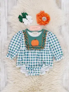 Pumpkin Patch Pines Embroidered Plaid Bubble Romper