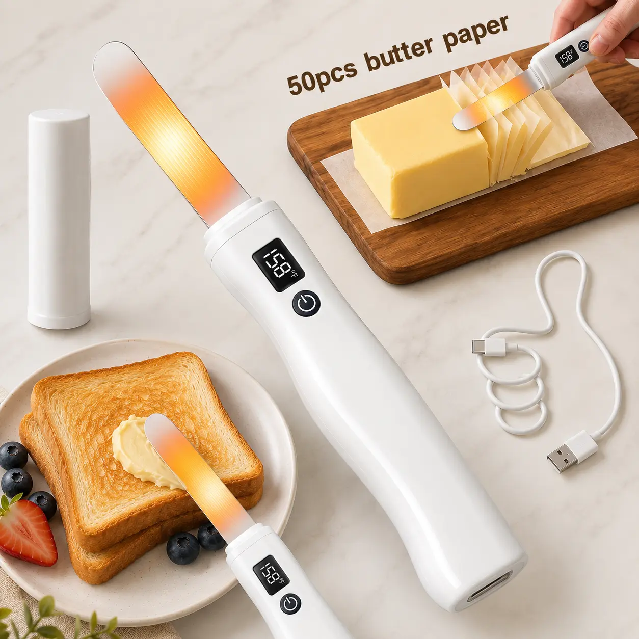 Heated Butter Knife Spreader with 50PCS Butter Paper, Rechargeable Stainless Steel Electric Butter Spreader with Smart Temperature Display for Cold Butter, Cream Cheese & Jam, Kitchen Use