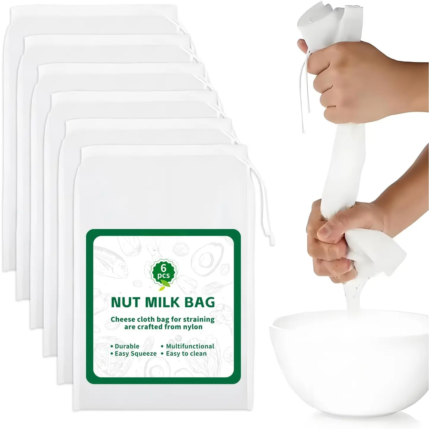 6-Pack 12x8in Reusable Odor-Free Nylon Nut Milk Bags, 200-Mesh Multi Functional Kitchen Strainer Set, Strainers for Kitchen Utensil for Yogurt, Tofu, Multi Functional Strainer