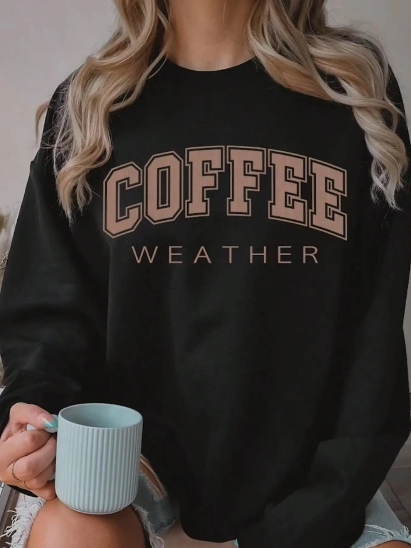 Women's Casual Coffee Pattern Pullover Sweatshirt, Coffee Sweater, Soft Long Sleeve Round Neck, All-Season Comfort, Durable Fabric, Womenswear, Tops