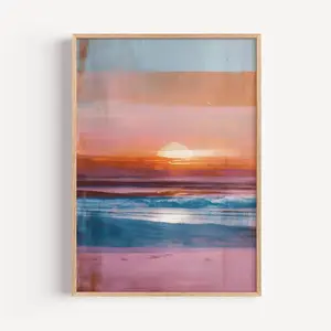 Abstract Coastal Sunset Beach Wall Art, MCM Ocean Horizon in Pink & Orange, Modern Minimalist Printable Art for Living Room or Bedroom, Room Decor, Unframed, 5 Size, 8x12 to 27x40 inch