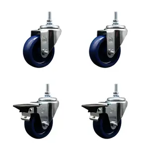 212 MAIN Threaded Stem Swivel Casters with Brake (Set of 4) - Solid Polyurethane, 3.5x1.25 in. Blue Wheels, 0.38 in. Stems, Threaded Castors (Model SCC-TS20S3514-SPUS-381615-2-PLB-2)