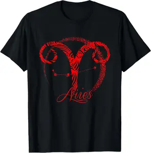 Red Aries Zodiac Sign Birthday Stars March April Horoscope T-Shirt top，cool tees，shirts women，100%cotton Summer Black plain  tops