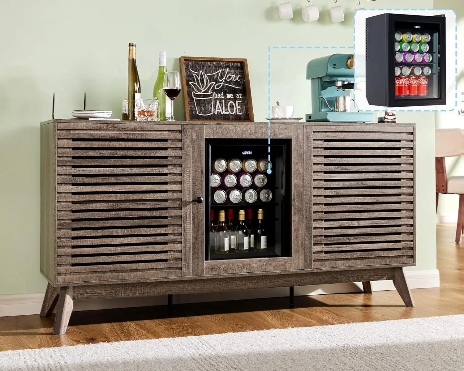 【Ships in 2 Boxes】AMERLIFE 60" Coffe Bar Cabinet with Built-in Beverage Refrigerator– Wine Bar Cabinet with 24 Cans Mini Fridge– Sideboard Buffet with Storage for Dining Room, Home Bar, or Office- Grey