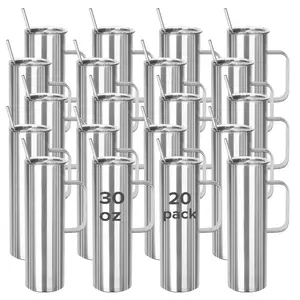 FASTSUB 30 oz Skinny Insulated Stainless Steel Tumbler Flask - 20 Pack with Handle, Double Wall Vacuum Bottle, Portable for Epoxy and UV DTF