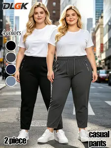 Elastic Fabric Plus Drawstring Waist Loose Fit Sports Pants, Women's Zip Pocket Joggers, Comfortable Casual Pants for Daily Wear