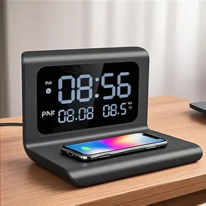 Wireless Charger Pad Stand with Alarm Clock Thermometer Fast Charging Station