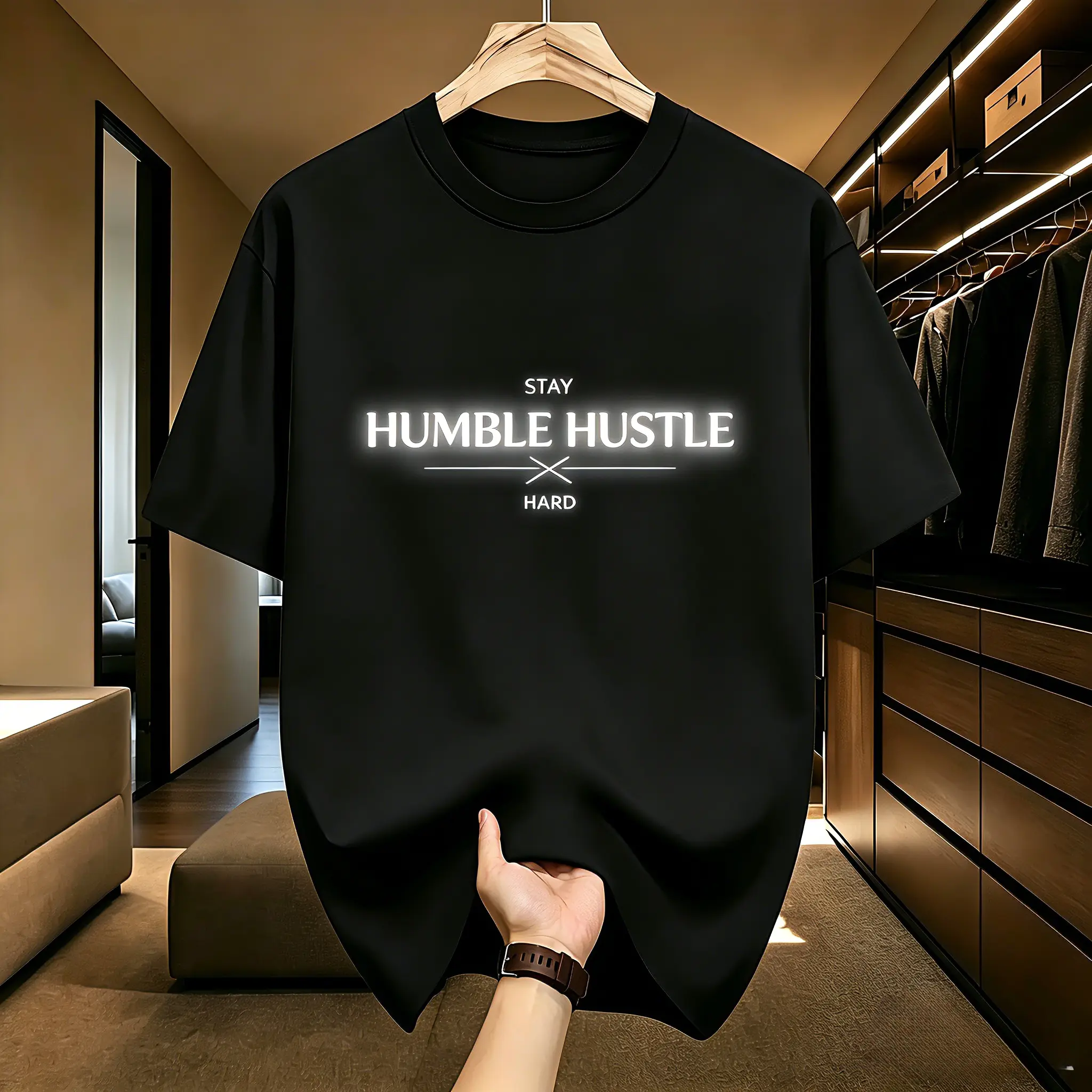Men's Unisex Pure Cotton Crew Neck T-Shirt - All Seasons, Loose-Fit, Glowing Print "Stay Humble Hustle Hard" Minimal Front Graphic, Machine Wash, Motivational Casual Top Gift For Entrepreneurs, Front Chest, Streetwear, Shortsleeve, Breathable, Menswear, R