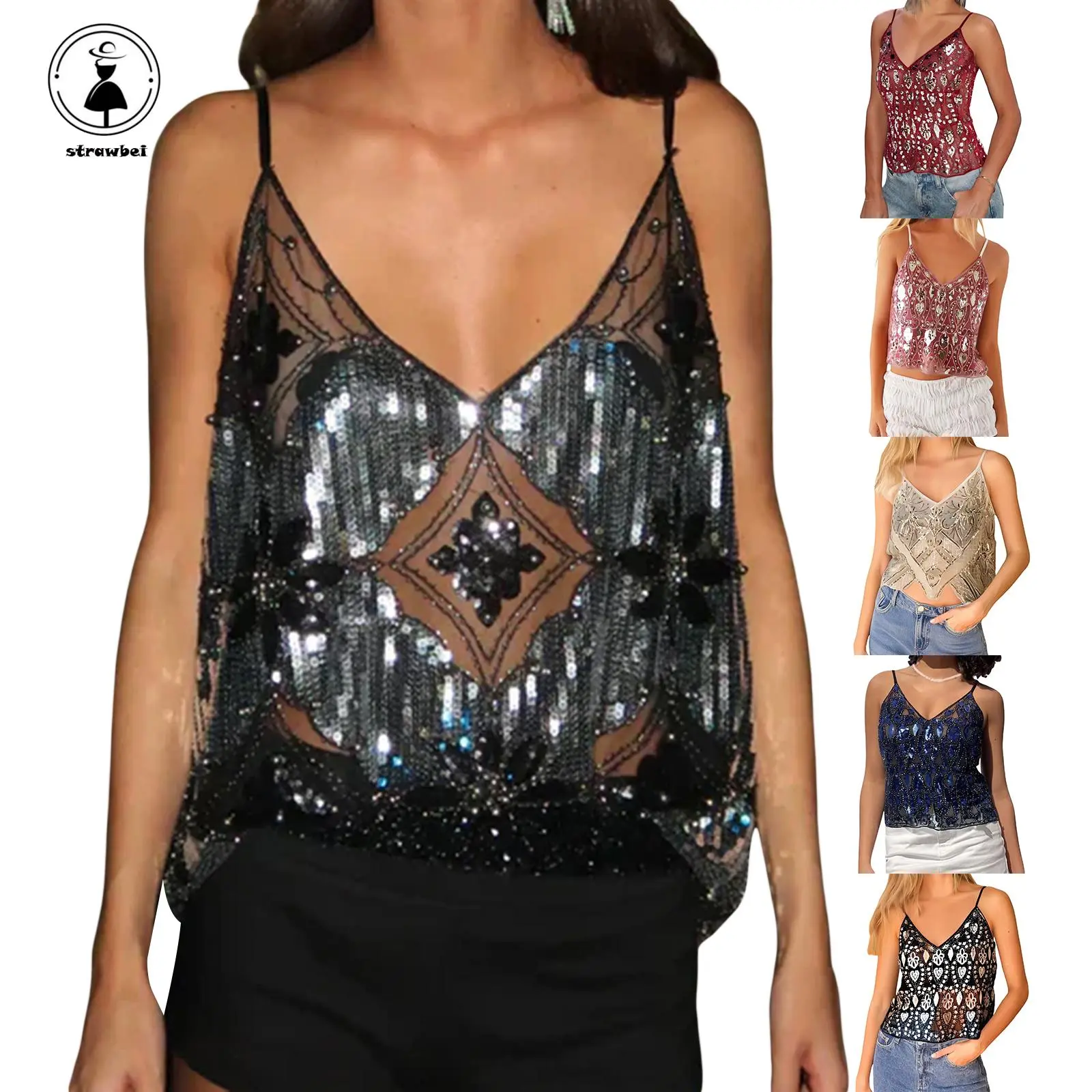 Strawbel Lady's Fitted Sequin Bead Short Sleeveless Cropped V-Neck Spaghetti Strap Camisole Tank Top, Streetwear Dance Clothing, One Size Fits All, Multicolor