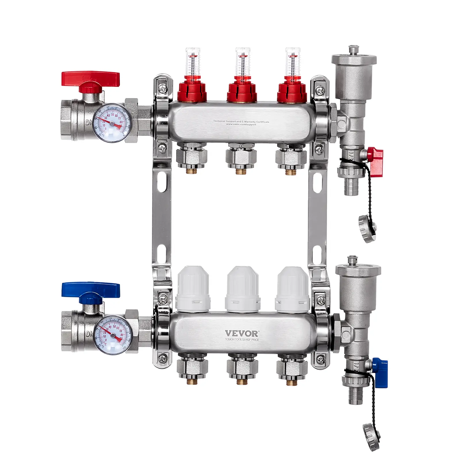 【toolupgrade】VEVOR 3-Branch 304 Stainless Steel Radiant Heat Manifold Kit, 1/2" PEX Tubing with Pipes, Ball Valves, 2 Temperature Gauges & 1/2" Adapters, 1-Inch NPT Supply/Return Valves for 3-Branch Routing Hydronic Floor Heating Pipe Fast Warmup