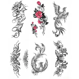 6pcs Black Rose Temporary Tattoo Stickers Back Phoenix Waist Butterfly Body Art Tattoo Stickers Waterproof and Durable