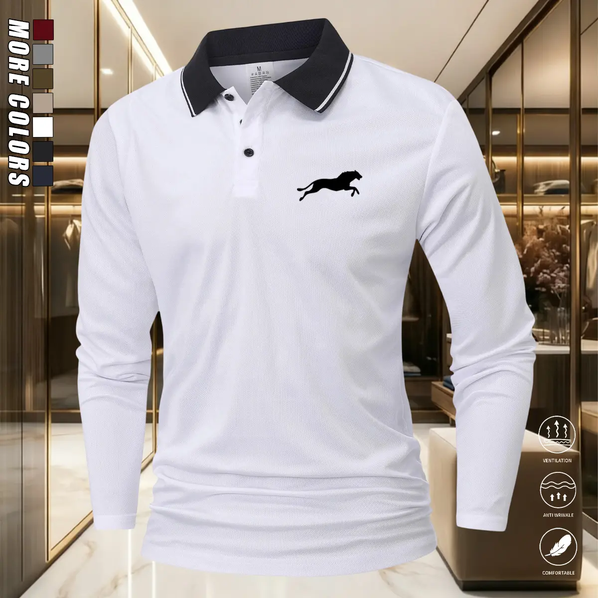 Fashionable business-casual men’s polyester polo shirt with contrast trim and a turn-down collar, featuring lightweight, breathable polyester fabric, designed for office fashion enthusiasts.A stylish leopard print design, versatile for commuting, business