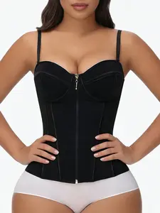 1 Count Sexy Black Bustier Shaper Corset, Mesh Eyelet Lace-Up Backless Design, Adjustable Zipper And Hook-Eyes Flat Belly Shaper Tops, Underwire Shaping Bralette, Suitable For Rave Parties, Festivals