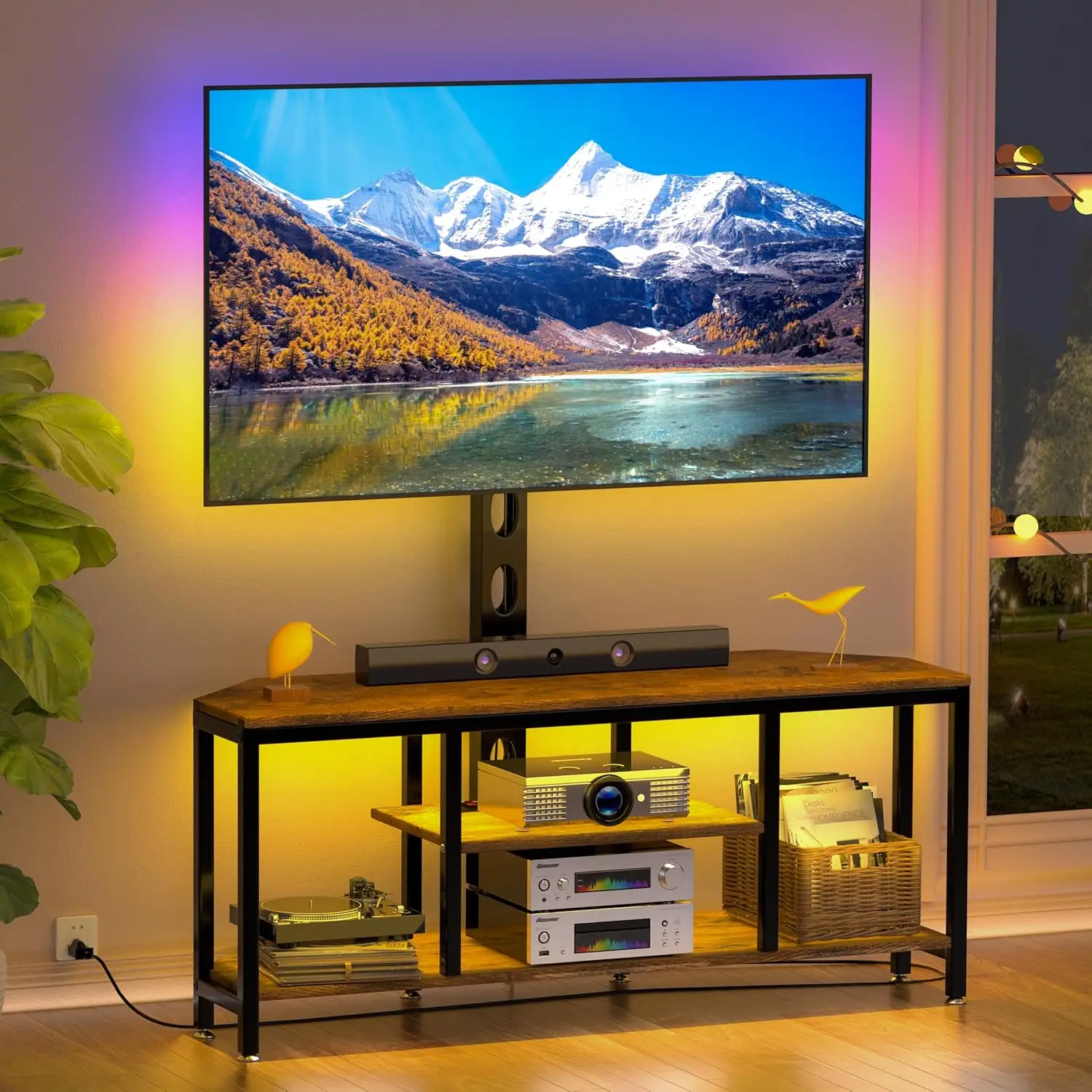 TV Stand with Mount and Power Outlet, Swivel TV Stands Mount with LED Lights for 32/45/55/60/65 inch TVs, Entertainment Center with Storage, Media Con