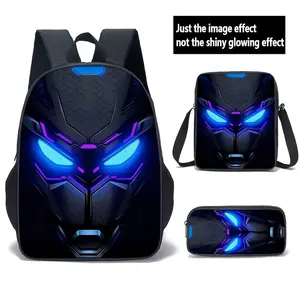 Black Panther 3-Piece Backpack Set, Neon Blue & Purple Glow Mask Print School Bag + Crossbody Bag + Pencil Case, Oxford Cloth Adjustable Strap Daypack for Superhero Fans