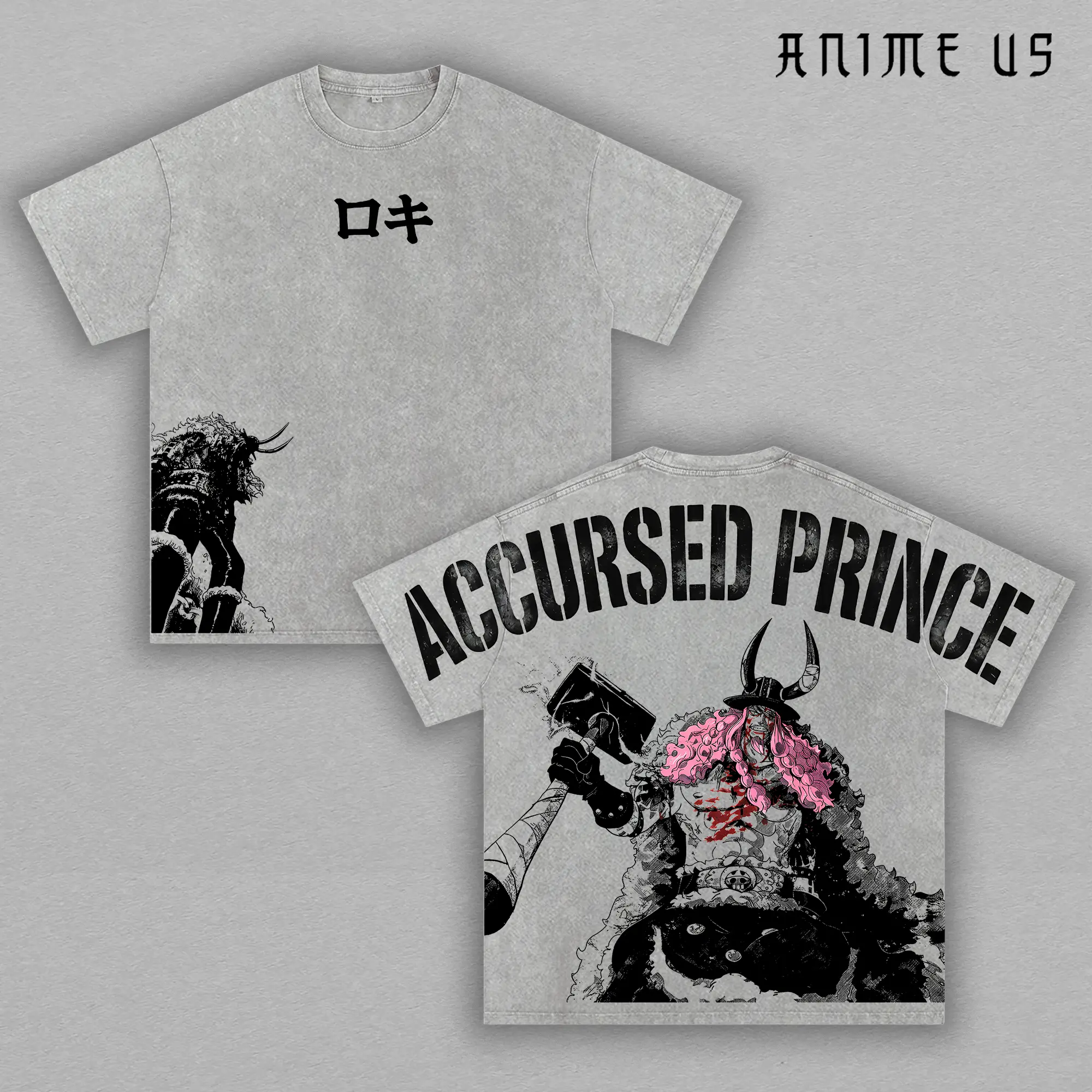 Loki OP Elbaf Arc Vintage Washed Anime Shirt, Accursed Prince Giant Warrior Manga Graphic Tee Oversized Acid Wash Streetwear
