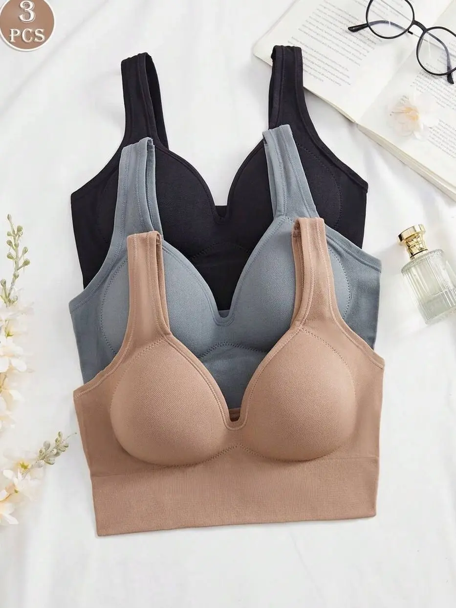 3-Pack Seamless Wireless Bras for Women, Soft Padded Everyday Comfort Bra with Wide Straps