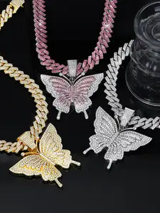 Colorful Butterfly Pendant & Sparkling Cuban Chain Necklace, Unisex Hip-Hop Style, Perfect Gift for Friends, Everyday Wear, High End Necklace