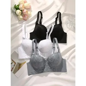 3-Piece Elegant Lace Push-Up Bra Set with Breathable Non-Removable Pads, Solid Color with Contrasting Lace Detailing, Underwire Support for Women’s Everyday Wear — A Versatile Wardrobe Essential in White/Pink/Gray with Comfort Lift Straps