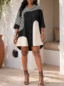Striped Colorblock Shirt Dress, Button, Fashion Casual Style, Loose Fit, Perfect for Daily Wear and Vacation