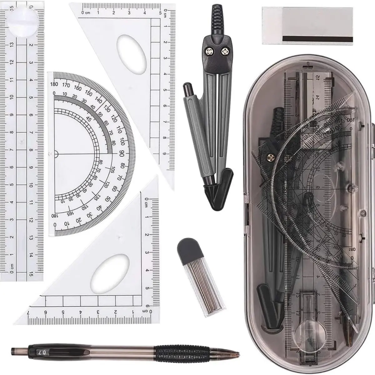8-Piece Math Geometry Kit with Shatterproof Storage Box, Office Drafting Compasses Set for Students – Includes Rulers, Protractor, Compass, Pencil, Eraser, Pencil Lead Refills