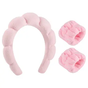 Sponge Spa Headband for Women - Pink Skincare Headband & Wrist Washband Set with Face Washing Makeup Headband