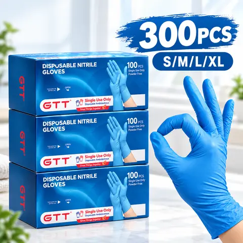 GTT Blue Disposable Hand Nitrile Material Gloves, 5.5Mil Heavy-Duty, Powder-Free & Latex-Free, Textured Fingertips, Food-Safe Oil-Resistant Household Nitrile Rubber Gloves (100/300Pcs per Box) for Kitchen, Cleaning