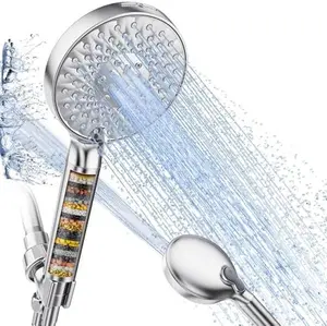 Filtered Shower Head with Handheld High Pressure 9 Spray Mode Brushed Gold Showerhead with Filters Detachable Shower Head Water Softener Filters Beads for Hard Water Remove Chlorine